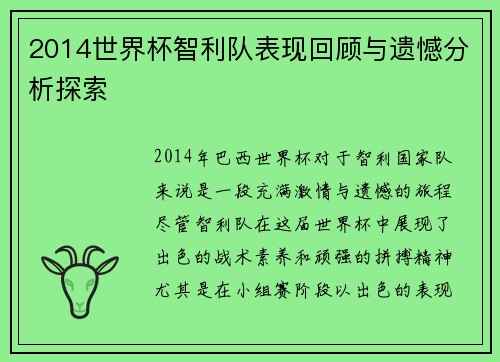 2014世界杯智利队表现回顾与遗憾分析探索